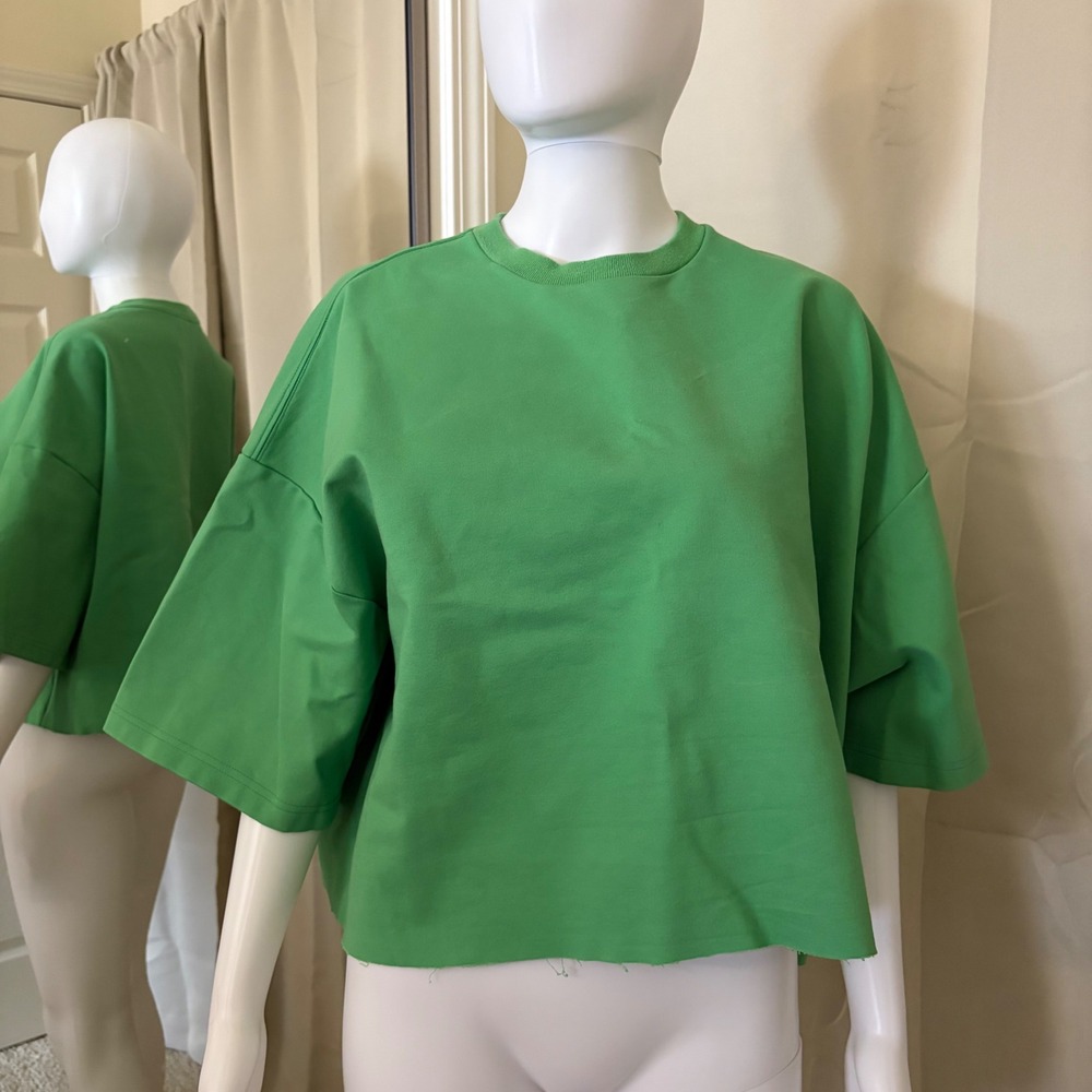 STAUD Green Cropped Short Sleeve Sweatshirt Boxy Crew Neck Top XS/S